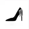 Dress Shoes Womens Pointy Toe Rhinestones Crystal Tassels Stilettos High Heel Pumps Luxury Party Wedding Banquet Black DIY 2023