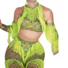 Vêtements de scène Gland vert fluo Bodys sexy Costume monté sur le cou Impression florale Dames Discothèque Performance Bar Vêtements de danse