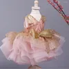 Flickaklänningar 2023 Luxury Glitter Kids Party Layers Ball Gown Princess Dress Flower Appliques Baby