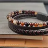 Charm Bracelets Vintage Multilayer Genuine Brown Leather Men Bracelet Agate Stone Bead Stainless Steel Jewelry Male Wrist Bangle GiftCharm