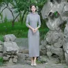 Etnische kledingveer Elegante Jacquard Satin Long Qipao Sexy Mandarijn Kraag Jong meisje Cheongsam maat M-3XL