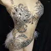 Stage Wear scintillante strass argento trasparente body da donna body con piume vestito da bar femminile costume da ballo