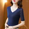 Women's T Shirts #9221 Summer Mesh Half Sleeve Shirt Wome V-neck Sexy Tight Elegant Office Lady Short Tee Femme Solid Color Thin Slim