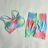 활성 세트 2023 Seamless Tie Dye 요가 세트 빠른 건조 브래지어 피트니스 스포츠 푸시 업 반바지 BuBooty 레깅스 운동 체육관 러닝 복장