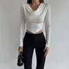 Women's T Shirts Solid Basic Long Sleeve Draped T-Shirts Tops For Women Fashion Fall Outfits Streetwear Slim Crop Tees Clothes