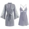 Women's Sleepwear Robe Gown Sets Women Satin Lace Breathable Loose Sexy V-neck 2pcs Nightshirts With Chest Pads