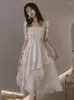 Casual Dresses Summer Elegant White Ruffle A-line Princess Dress For Women Vintage Spaghetti Strap One Piece Sleeveless Party Vestidos