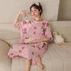 Vêtements de nuit pour femmes Pijamas d'été Femmes Coton Chemise de nuit à manches courtes Dessin animé Mince Loungewear Robe de sommeil Imprimé Lâche Femme Pyjama Maxi