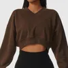 Gym Clothing Women Casual V Neck Cropped Top Soft Comfort Cotton Thick Sports Sweatshirt Long Sleeve Workout Tops Loose Fit