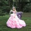 Casual jurken extra tule bloemen roze sprookjes bruidsjurk veter uppido de noiva 3d bloemen prinses bruid gelaagde organza