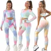 Active Sets 2023 Naadloze Tie Dye Yoga Set Quick Dry Bra Fitness Sport Push Up Shorts Bubooty Leggings Training Gym Running Outfit174B