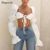 Women's Blouses Elegant Backless Sexy Crop Tops Summer Puff Sleeve Streetwear White Blouse Tie Front Top Long Women Shirts Blusas 20704