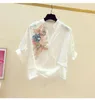 Damenblusen 2023 Sommerhemd Damen Koreanischer Stil Schwere Stickerei Pailletten Gestickte Blume V-Ausschnitt Kurzarm Blusas Top Damen