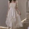 Casual Dresses Summer Elegant White Ruffle A-Line Princess Dress for Women Vintage Spaghetti Strap One Piece Sleeveless Party Vestidos