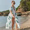 Dames badmode 40GC dames bikini zwempak bedek op boweemse groene palmbladeren print kimono vestiging open voorste stropdas taille strand lange jurk