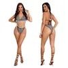 Kvinnors spårsättningar Zaggin 2023 Autumn Women Rhinestone Tassel Lace-Up Backless Briefs Seaside Bikini 2-Piece Set Sexig ihålig utstrand setsw