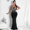 فساتين غير رسمية Bodycon ماكسي للحفلات المسائية Vestidos للسيدات ماسي لؤلؤي أنيق بدون ظهر بحمالات سباغيتي للنادي رداء طويل منتصف الليل