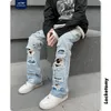 Mäns jeans rippade hiphop high street män byxor manliga kläder bred ben rak vår casual streetwear staplade denim byxor