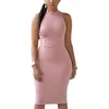 Casual jurken sexy bodycon curvy midi jurk rek patchwork dames mouwloze hol uit rug sukienka elegante strakke kraag