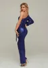 Women's Jumpsuits & Rompers 2023 Women Blue One Shoulder Sequined Jumpsuit Elegant Bodycon Celebrity Evening Party Bandage