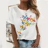 Kvinnors T-skjortor 2023 Summer Women's Floral Fjäril Casual T-shirt Kort ärm tryckt rund hals 3D Top Fashion