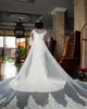 2023 abiti da sposa a sirena di lusso arabo scollo a V maniche lunghe applicazioni di pizzo perline di cristallo lunga illusione abiti da sposa formali overskirts pulsante indietro