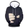 Com capuz masculino Kpop Big Finger 3D Pullover traje de streetwear 2023 homens homens capuz tops com capuz comprido com capuz de capuz casual