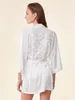 Women's Sleepwear Linad Three Quarter Sleeve Robes Women Back Lace Spliced Women's Dressing Gown White Bathrobe V-Neck Woman Clothes