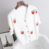 Women's T Shirts Hand-Embroidered Cute Strawberry Knitted T-shirt For Women V-neck Sweater Cardigan Short Coat Korean Style Outer Wear