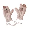 Fünf-Finger-Handschuhe, Cartoon-Bär, niedliche Ohren, hängender Halshandschuh, Damen und Mädchen, Winter, Kawaii, dick, Reithandschuhe, Outdoor, warm halten