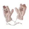 Five Fingers Gloves Cartoon Bear Cute Ears Hanging Neck Glove Women's Girls Winter Kawaii Thick Riding Mittens Outdoor Keep Warm