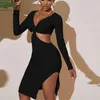 Casual Dresses Autumn Women Sexy Hollow Out Bodycon Dress Elegant Solid Long Sleeve V-Neck Lady Party Femme High Quality Vestidos