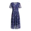 Party Dresses Chic Printing Gauz Floral Dress Women Elegant V-neck Short Sleeve Ladies Plus Size 4XL A-line With Lining