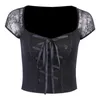 Bluzki damskie czarne koronki upczelne estetyczne top żeńska slicing urocze ubrania kawaii seksowne gotyckie topy z krótkich rękawów z lat 90.