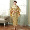 Scenkläder navyblue ankomst japansk stil lady kimono sexiga kvinnor yukata med obi vintage kvällsfest klänning blomma en storlek 101501