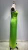 Casual Dresses Women Luxury Prom Gown Neon Green Strapless Diamonds Open Leg Maxi Lång klänning med handskar Kändis Evening Party Födelsedag