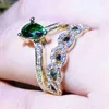 Anneaux de mariage mode deux pièces cristal vert couronne bague de fiançailles ensemble pour les femmes accessoires de bijoux classiques