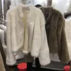 FURE FUR FUA FAUX Zima Koreańskie kobiety skórzane patchwork miękki płaszcz w szyku w szyku długim rękawie Krótka kurtka beżowa Khaki ciepłe pluszowe marne