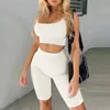 Women's Tracksuits 2 Pieces Set Women Sexy Square Collar Tank Crop Tops High Waist Knee Length Shorts Fitness Workout Sets Sport Outfit