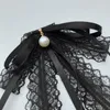 Neck Ties Women Girls Black Lace Ribbon Bow Tie Faux Pearl Pendant Brooch Pin Necklace Uniform Shirt Blouse Pre-Tied Jabot Collar
