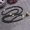 Strand Gros Bracelets En Pierre Naturelle Obsidienne Noire 108 Perles De Bouddha Collier En Feuille D'or Bracelet D'énergie Pour Les Femmes Bijoux Brins De Perles