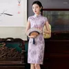 Ropa étnica Primavera Otoño Elegante Botón hecho a mano Manga corta Impreso Satén Qipao Sexy Cuello mandarín Chica joven Cheongsam Tamaño S-3XL