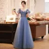 Etnische kleding Blauwe prachtige lange banketjurk vrouwen elegante diamanten trim temperament prom jurken sexy v-neck slanke avond feestjurk