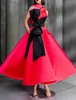 2023 Vintage Short Prom Dresses High Neck Sleeveless Tea Length Ball Gown Satin Fuchsia Black Bow Satin Evening Gowns Party Dress Open Back