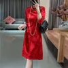 Casual Dresses Spring Chinese Style Rayon Jacquard Dress Women Retro Stand Collar Three Quarter Sleeves Single Breasted Cheongsam M-XXL