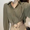 Женские блузкие рубашки сплошной шнурок с укороченной крышкой женской с длинным рукавом оборотная шейка однобортная винтажная блузка кнопка пружины Casu