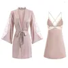 Women's Sleepwear Robe Gown Sets Women Satin Lace Breathable Loose Sexy V-neck 2pcs Nightshirts With Chest Pads
