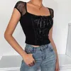 Chemisiers pour femmes noir à lacets Goth esthétique haut femme épissage mignon Kawaii vêtements Sexy gothique 90 s hauts à manches courtes