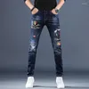 Jeans de jeans masculino Men skinny Trend Impresso Stretch Slim Fit Denim Troushers Fashion Black Patchwork Casual Jean Pants Male