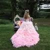 Casual jurken extra tule bloemen roze sprookjes bruidsjurk veter uppido de noiva 3d bloemen prinses bruid gelaagde organza
